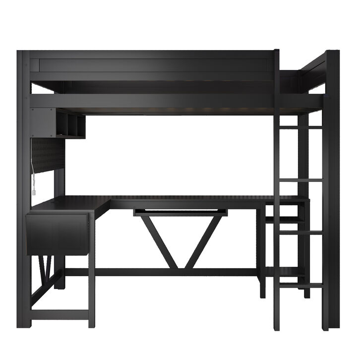 Whisen Full Size Gaming Loft Bed with Desk, USB Charging, LED Light, Wood & MDF for Kids Bedroom
