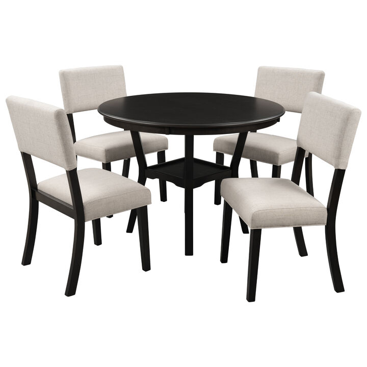 Merax 5-Piece Kitchen Dining Table Set Round Table with Bottom Shelf, 4 Upholstered Chairs for Dining Room