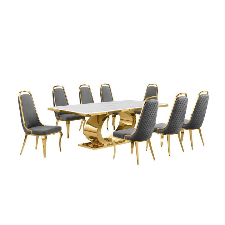 Best Quality Furniture 9pc Large(87) marble top dining set with gold base and 8 Dark grey side chairs