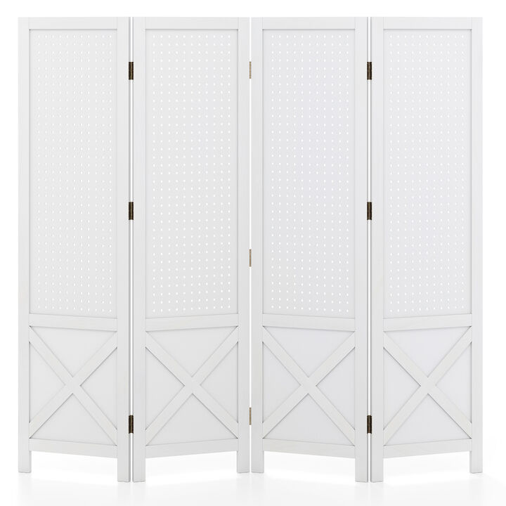 4 Panel Folding Room Divider Pegboard Display Stand with Solid Wood Frame-White