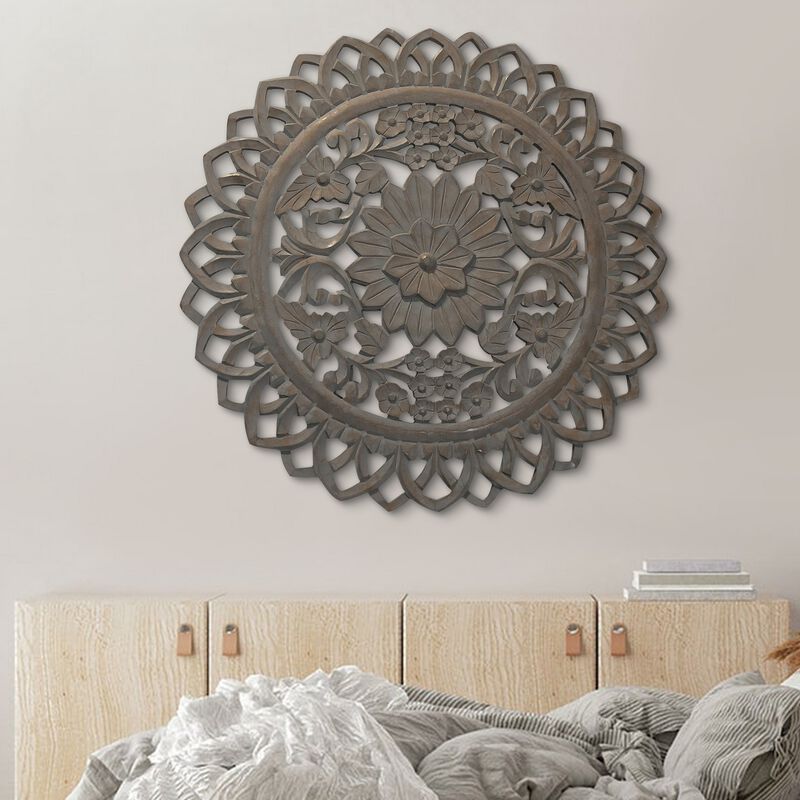 36 Inch Handcarved Wooden Round Wall Art with Floral Carving, Distressed Brown-Benzara