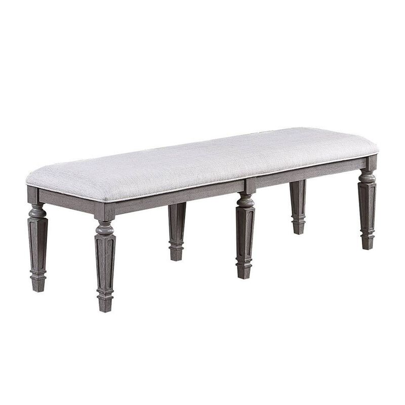 Winie Dining Bench with Turned Legs, 64 Inch Gray Wood and Fabric - Benzara
