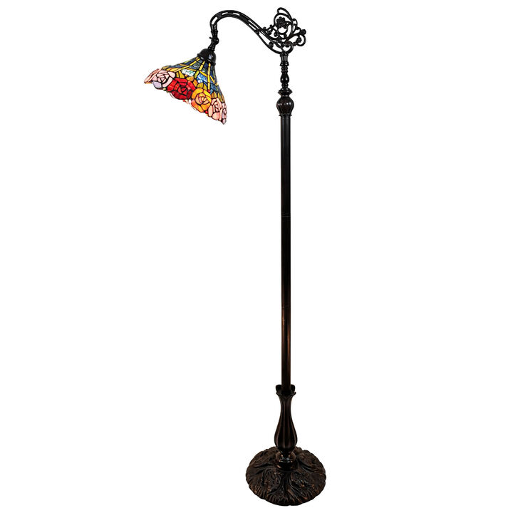 Hivvago 62" Brown Torchiere Floor Lamp With Blue and Yellow Flowers Glass Dome Shade