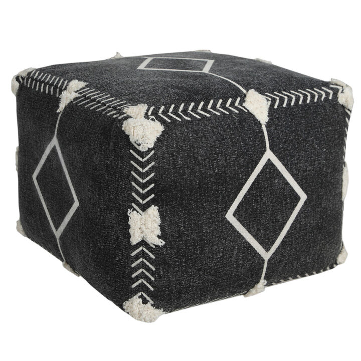 Hivvago 18 Inch Black Cotton Geometric Pouf Ottoman