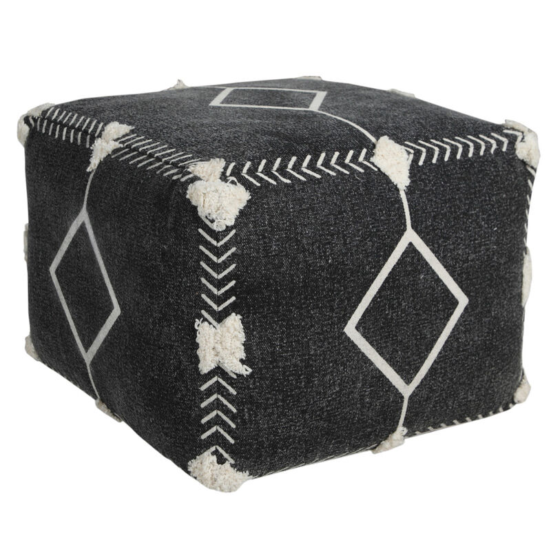Hivvago 18 Inch Black Cotton Geometric Pouf Ottoman