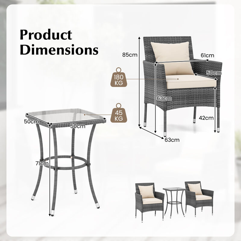3-Piece Patio Chair and Coffee Table Set with Tempered Glass Top image number 4