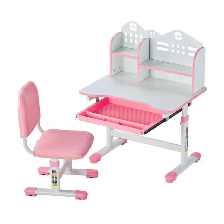 Kids Study Chair and Desk with Bookshelf & Drawer Adjustable Height