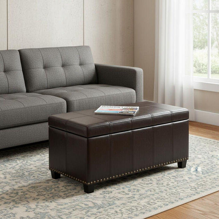 HomeRoots 33" Brown and Espresso Faux Leather and Solid Wood Upholstered Storage Bench With Flip Top