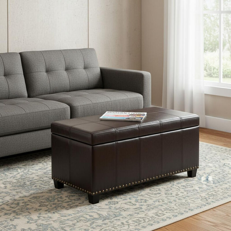 HomeRoots 33" Brown and Espresso Faux Leather and Solid Wood Upholstered Storage Bench With Flip Top image number 1