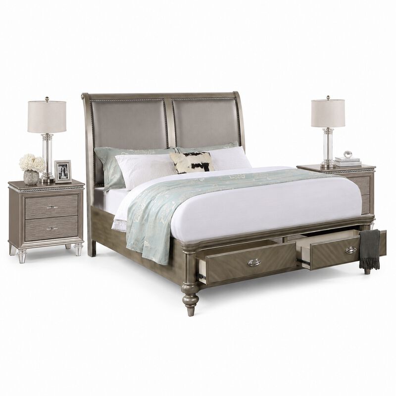 Queen Bedroom Set, Gold Wood, 3 Piece Set with 2 Nightstands image number 0