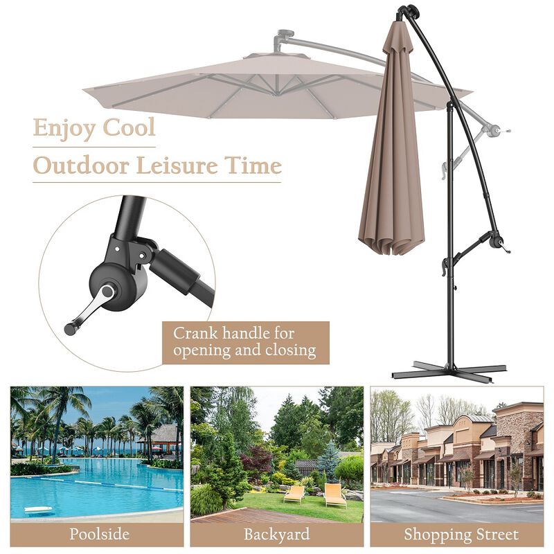 10 Feet Patio Hanging Solar LED Umbrella Sun Shade with Cross Base
