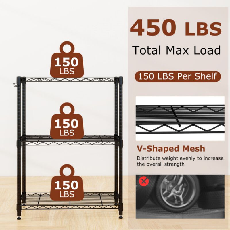 3-Tier Metal Storage Shelving Unit 450 LBS Capacity with V-Shaped Wire Rack and Hooks image number 6
