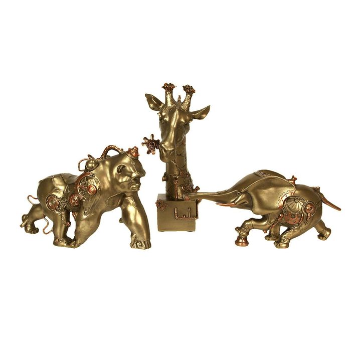 Set Of Three Steampunk Sculptures Elephant, Gorilla, Giraffe In Bronze Resin