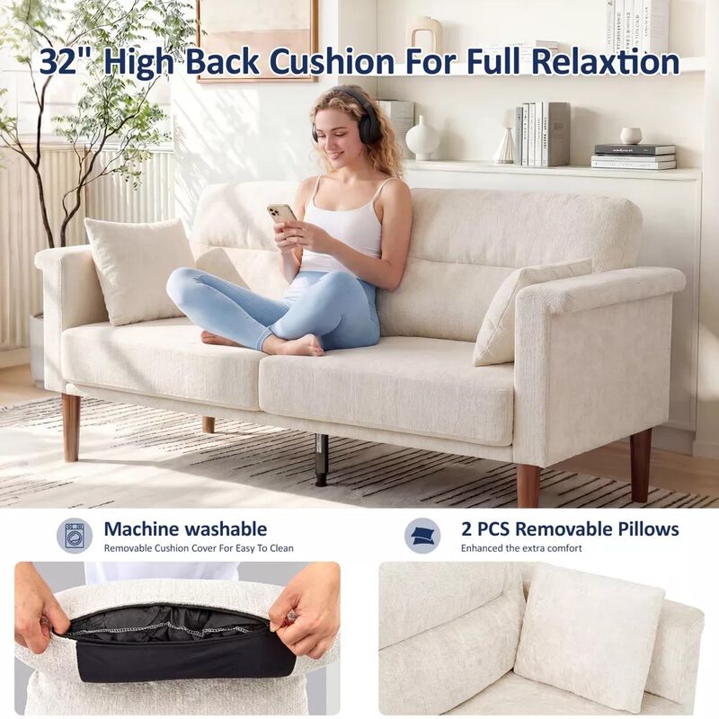 Vipbear 69" Chenille Loveseat Sofa with Foldable Side Tray Table, Thick Deep Cushion 2-Seater Couch image number 5