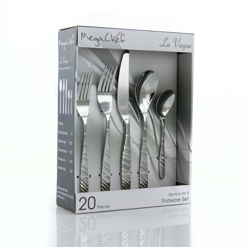 MegaChef La Vague 20 Piece Flatware Utensil Set, Stainless Steel Silverware Metal Service for 4 in Silver