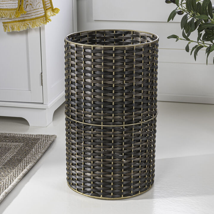 Cecil Modern 4.13-Gallon Faux Wicker Cylinder Waste Basket, Dark Bronze/Gold