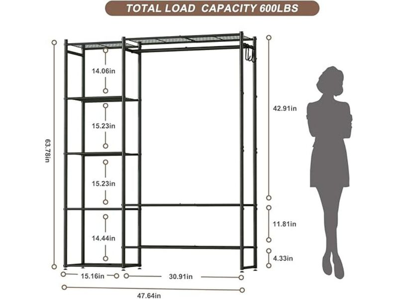 Portable Wardrobe Closet Clothing Rack with Shelves Black Storage Organizer image number 2