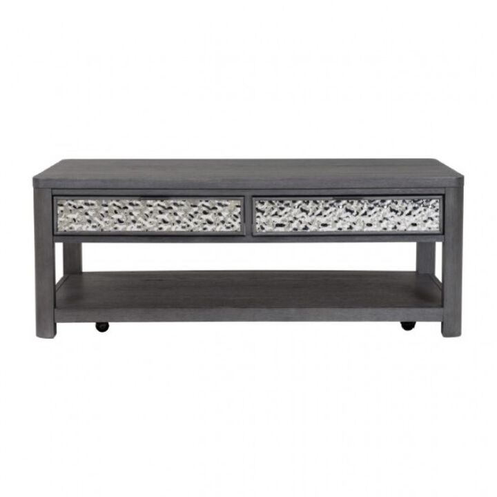 Zoko 48 Inch Coffee Table, Caster Wheels, Drawers, Ash Gray Rubberwood
