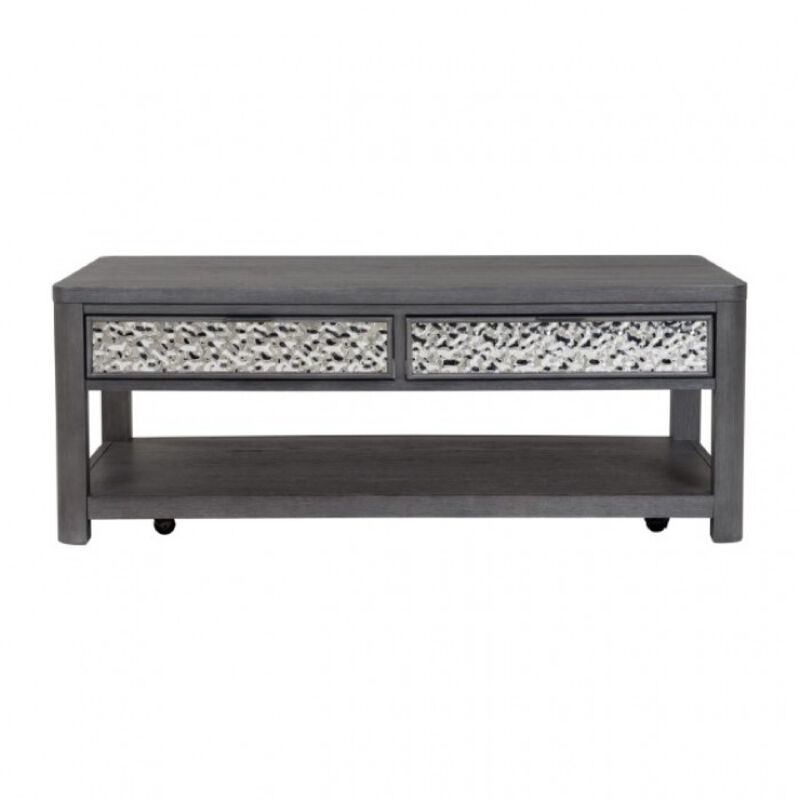 Zoko 48 Inch Coffee Table, Caster Wheels, Drawers, Ash Gray Rubberwood
