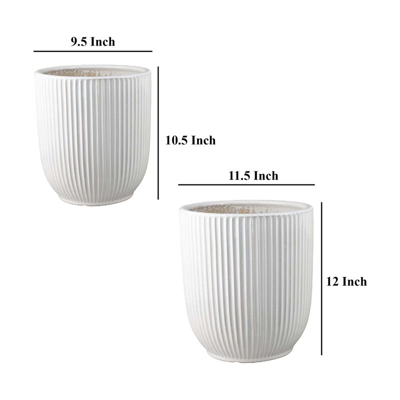 Lyna Accent Planter Set of 2, White Ceramic, Vertical Ribbed Texture - Benzara