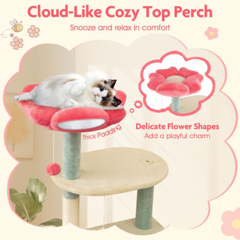 Hivvago 61 Inch Multi-Level Aesthetic Floral Kitten Tower with Flower-Shaped Padded Perch