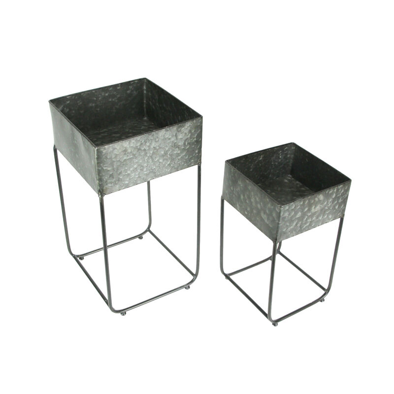 Set of 2 Galvanized Zinc Finish Square Metal Planters On Stands image number 0