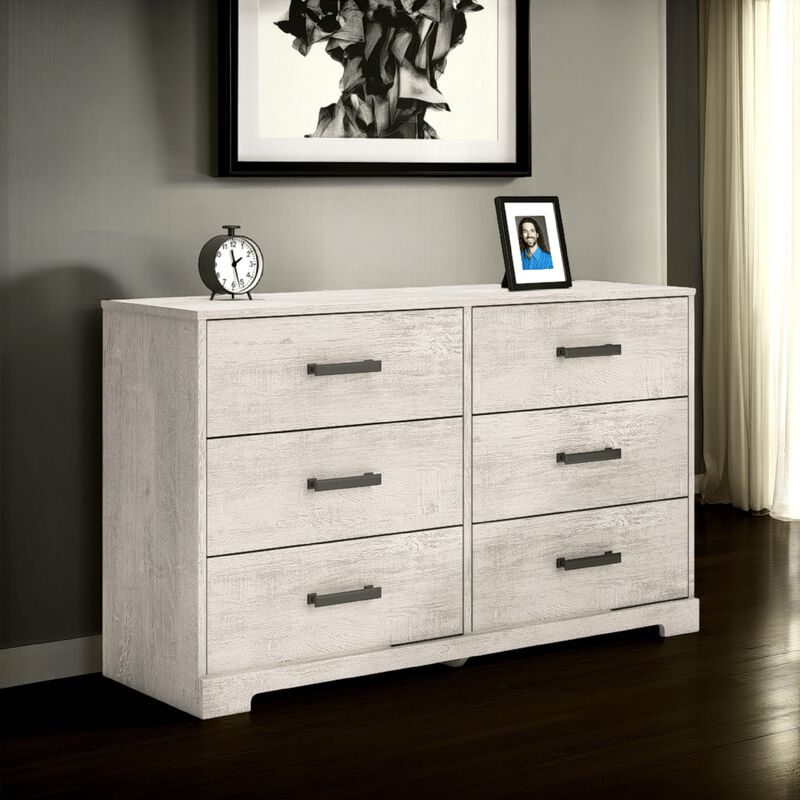 Shawn Wide Dresser, 6 Drawers, Black Handles, Light Gray Wood, 59 Inch - Benzara