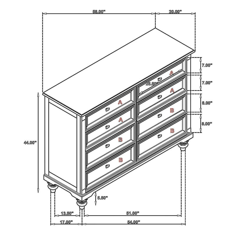 Meon Wide Dresser w 8 Drawers, Carved Bun Feet, Dark Oak Brown Wood - Benzara