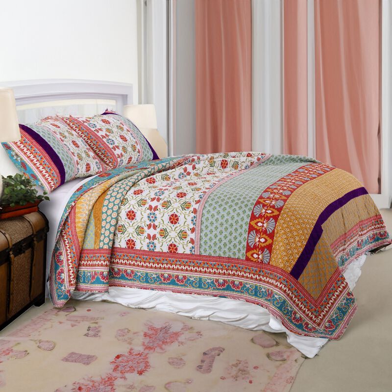 Geometric and Floral Print King Size Quilt Set with 2 Shams, Multicolor - Benzara