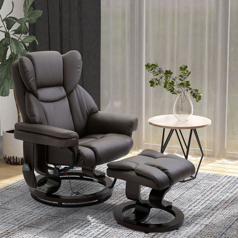 HOMCOM Massage Recliner Chair with Ottoman Footrest, 360� Swivel Reclining Chair, Faux Leather Living Room Chair with 10 Vibration Points, Adjustable Backrest, Side Pocket and Remote Control, Brown