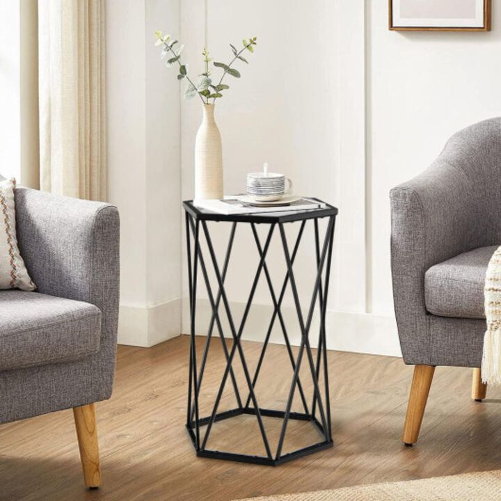 Hexagonal Accent End Table with Tempered Glass Top and Metal Frame