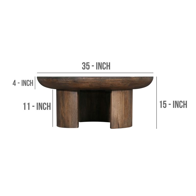 35 Inch Coffee Table, Handcrafted Round Mango Wood Top, Modern Curved Tripod Legs, Walnut Brown