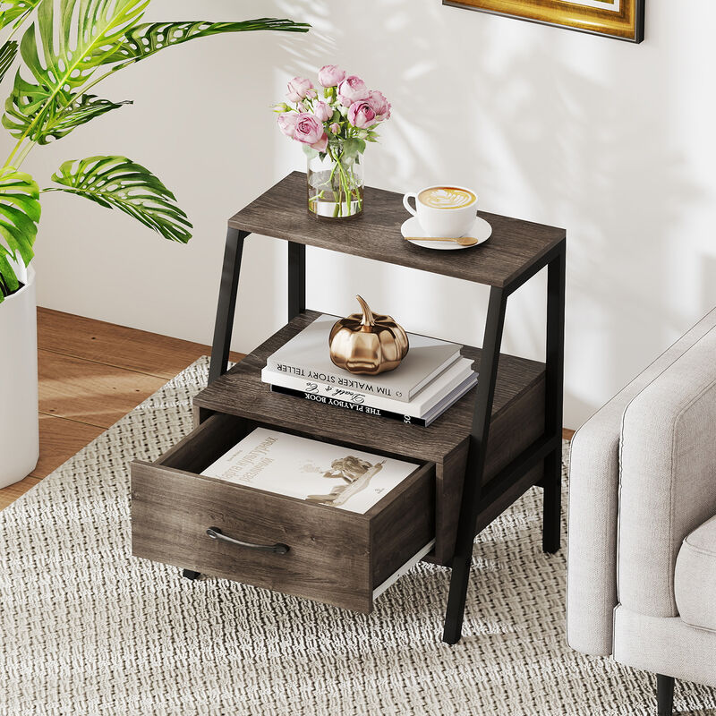 3-Tier Farmhouse Nightstand with Open Shelf for Bedroom Storage image number 6