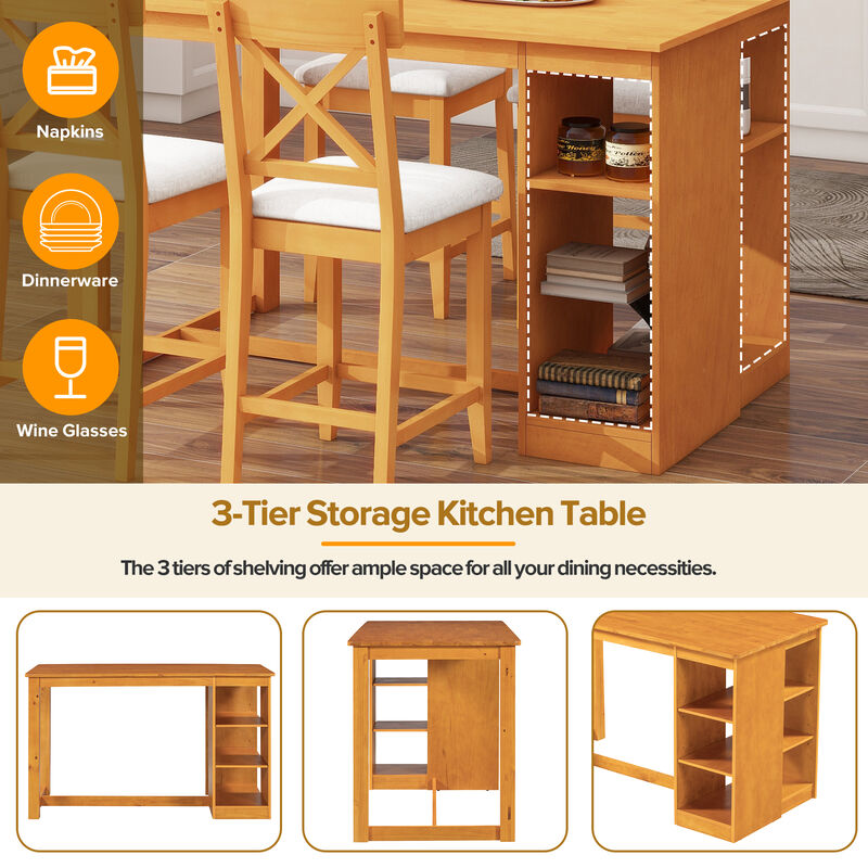 Merax Solid Wood Farmhouse Counter Height Dining Table Set with 3-Tier Storage Shelves