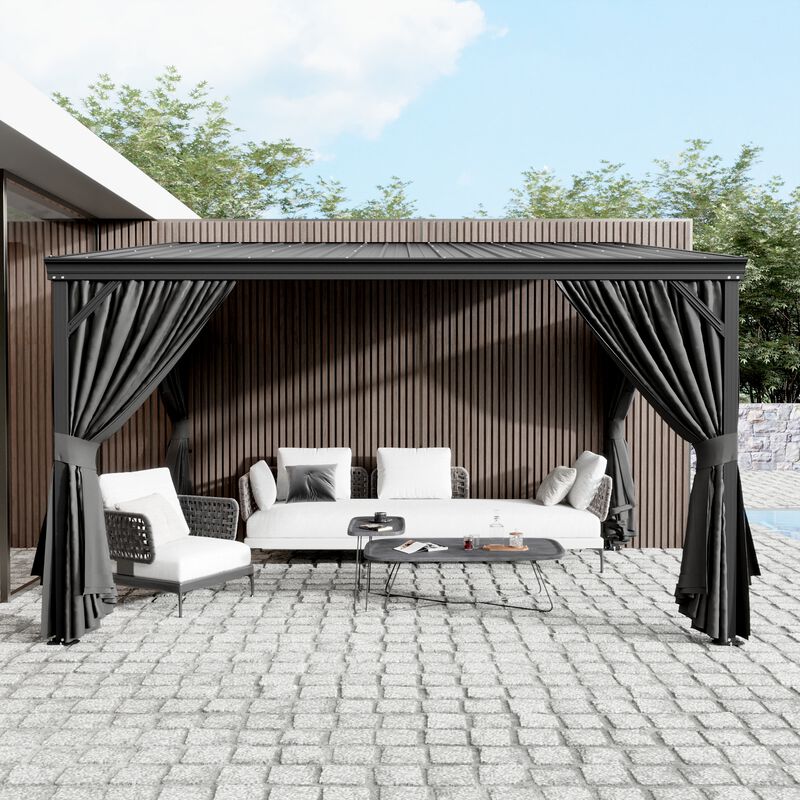 FUFU&GAGA Black Patio Lean-to Gazebo &ndash; Aluminum Frame with Galvanized Steel Roof, Mosquito Netting & Curtains, (145.4" L x 119.1" W x 99.7" ), 10 x 12 FT, Black