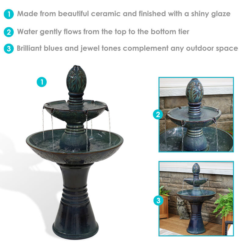 Sunnydaze Double Tier Ceramic Outdoor 2-Tier Water Fountain with Lights