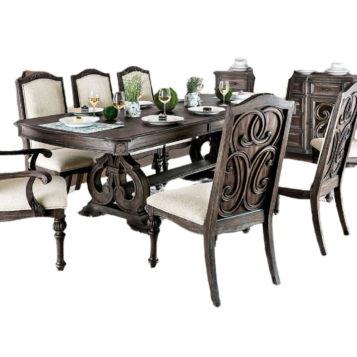 Arca 9pc Dining Table Set with 8 Ivory Fabric Chair, Rustic Solid Wood - Benzara