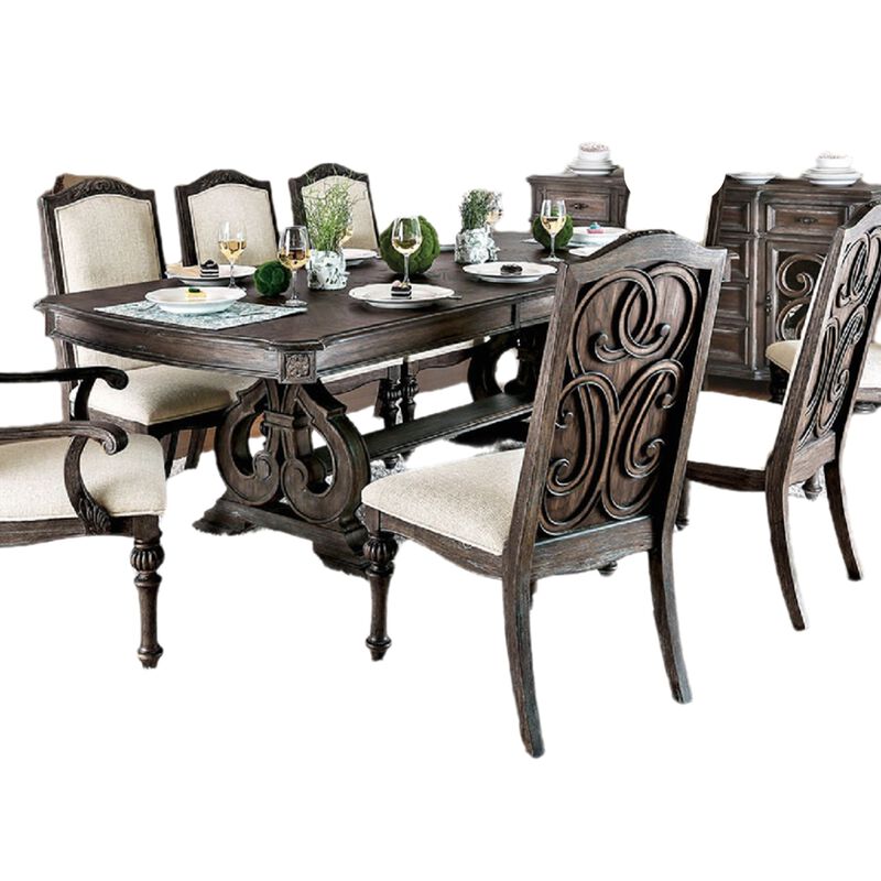 Arca 9pc Dining Table Set with 8 Ivory Fabric Chair, Rustic Solid Wood - Benzara