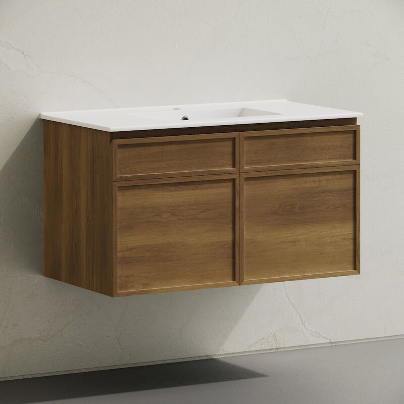 St. Tropez 36" Wall-Mounted Bathroom Vanity in Brown Oak with Sink Top image number 2