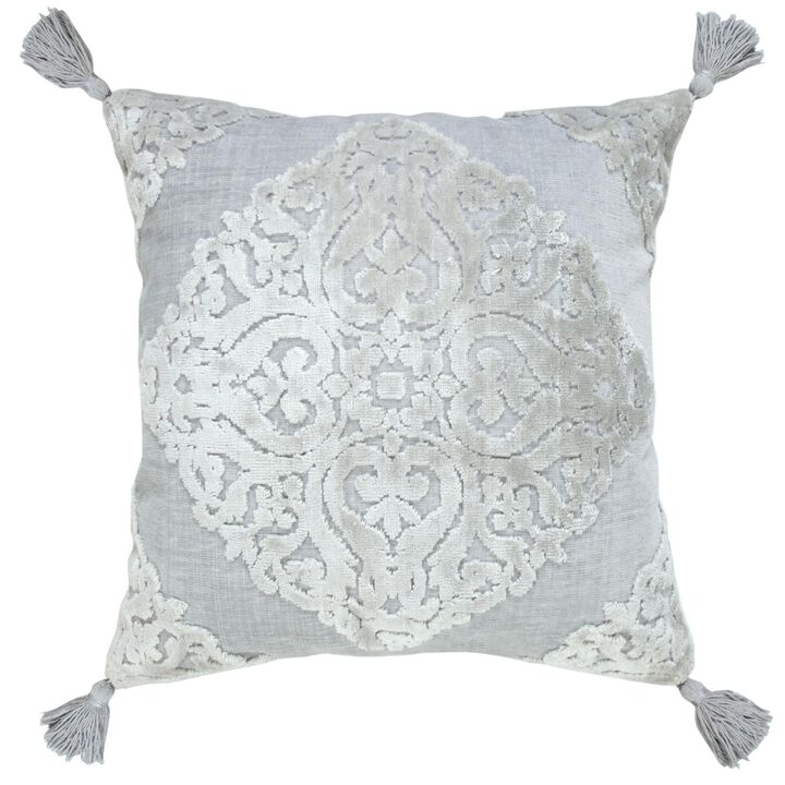 HomeRoots 18" Silver And Gray Medallion Viscose Throw Pillow Cover with Tassels