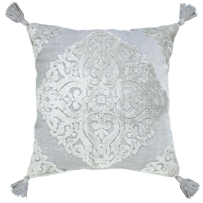 HomeRoots 18" Silver And Gray Medallion Viscose Throw Pillow Cover with Tassels image number 0