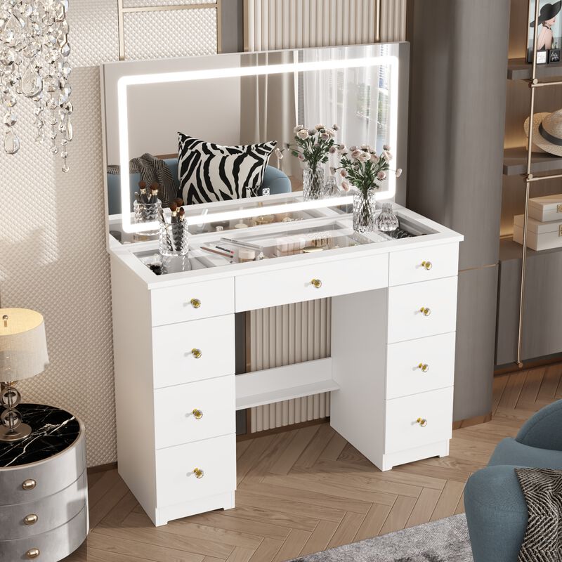 FUFU&GAGA Large Mirror Vanity Dresser with 9 Drawers & LED Lighting, Tempered Glass Top, Open Shelf, and Crystal Knobs, Modern White Finish (43.3 in.  W x 15 in.  D x 55 in.  H),White