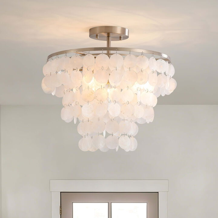Jojospring Paula 4-Light Tiered Natural White Shell Flush Mount - 18 inches in diameter x 17.5 inches H - Satin Nickel