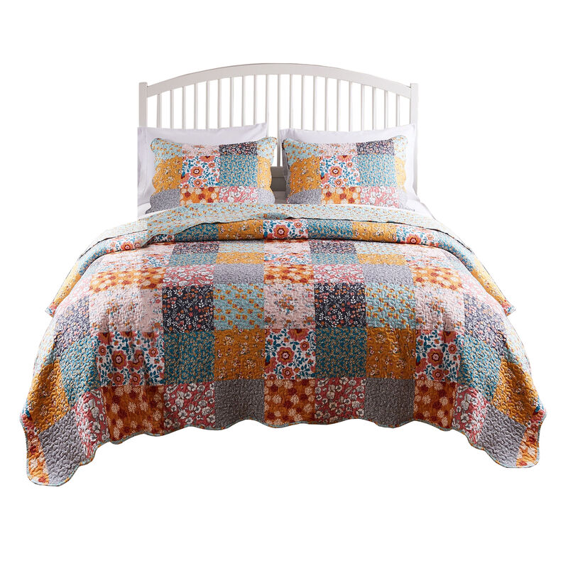 3 Piece King Quilt Set with Floral Print, Multicolor - Benzara