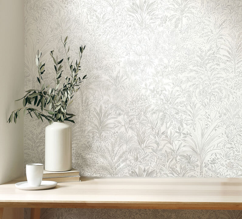 Meilani White & Silver Palm Landscape Wallpaper