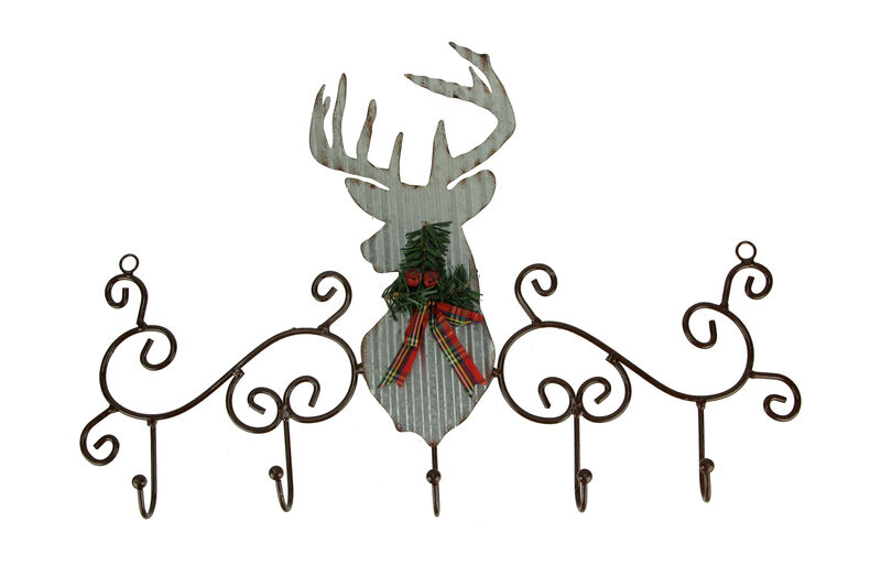 Metal Art Scroll Rustic Deer with Pine and Bow Wall Hook Rack image number 0