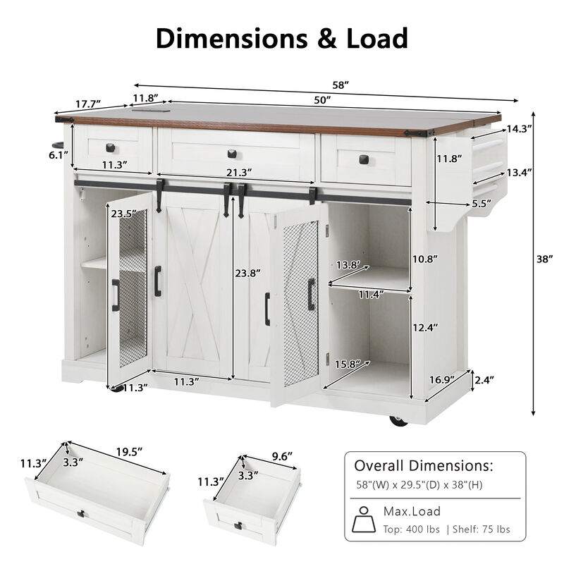 Merax Farmhouse Kitchen Island with Storage, Sliding Barn Door & Metal Grid Side Door image number 9