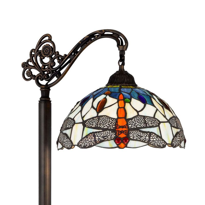 62 Inch Floor Lamp, Down Arc Shade Tiffany Style Stained Glass, Bronze - Benzara