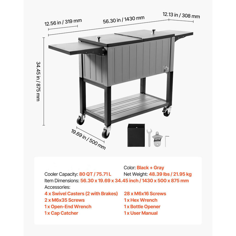 80QT Rolling Ice Chest Cooler Cart with Side Shelves and Bottle Opener image number 2