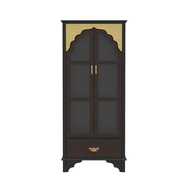 FUFU&GAGA Classic Display Bookcase with Glass Doors & Drawer, Solid Wood Front & Ornate Golden Details, (31.5 in. W x 15.7 in. D x 70.9 in. H), Black and Gold